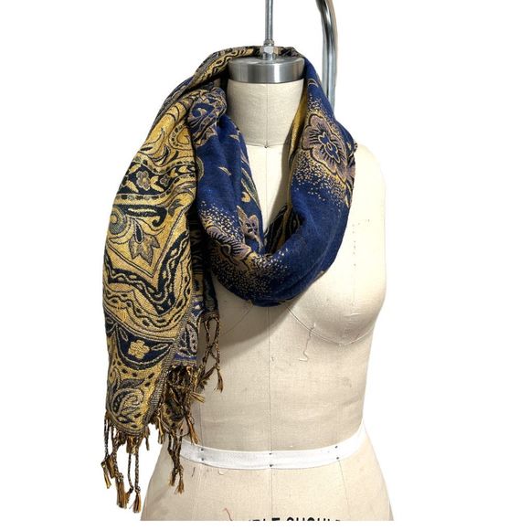 unknown Accessories - Gold and Navy wool Paisley scarf shawl wrap